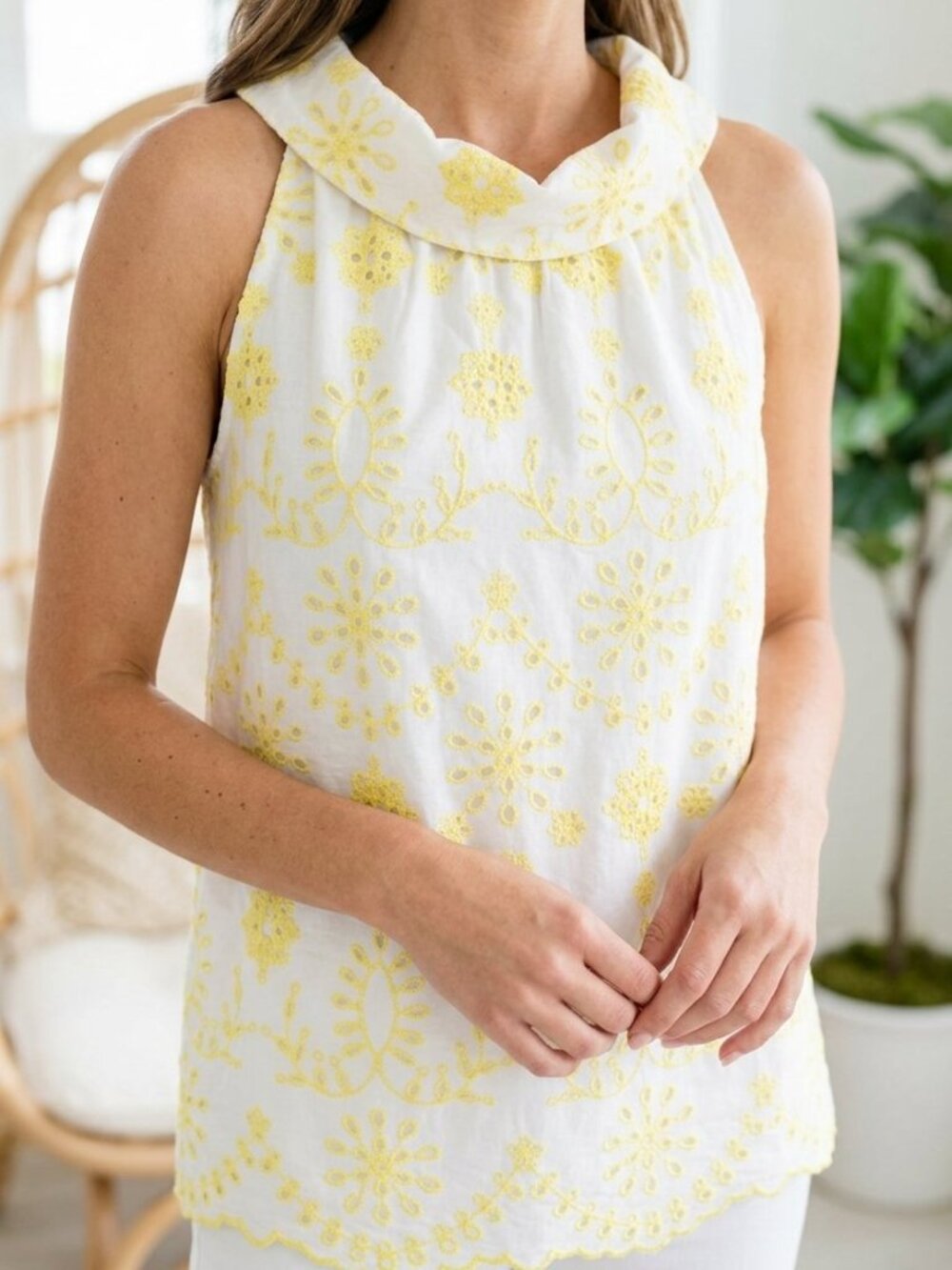 Sail to Sable Embroidered Eyelet Cowl Neck Top "Limelight" | Size L | NWT